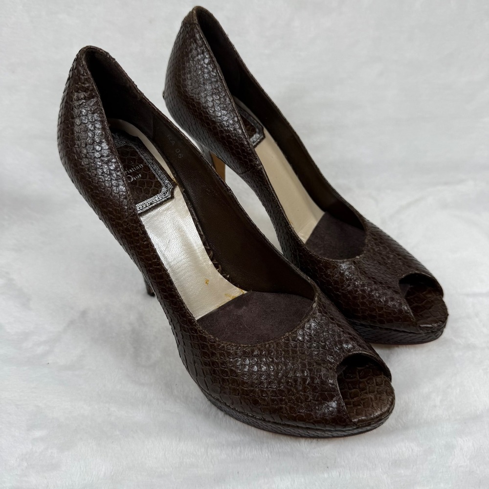 Christian Dior Snakeskin Embossed Peep‎ Toe Platform Pumps Heels 39.5 US 8.5